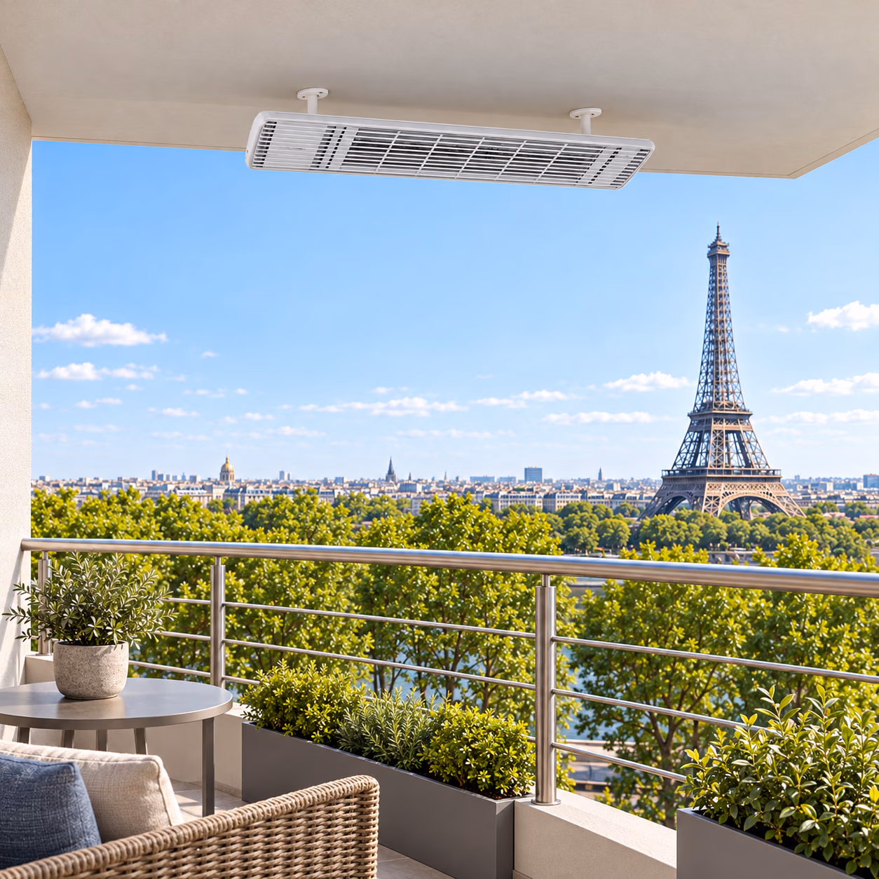 Weißer HEATSCOPE Heizstrahler an einer Balkondecke mit Blick auf Paris.
