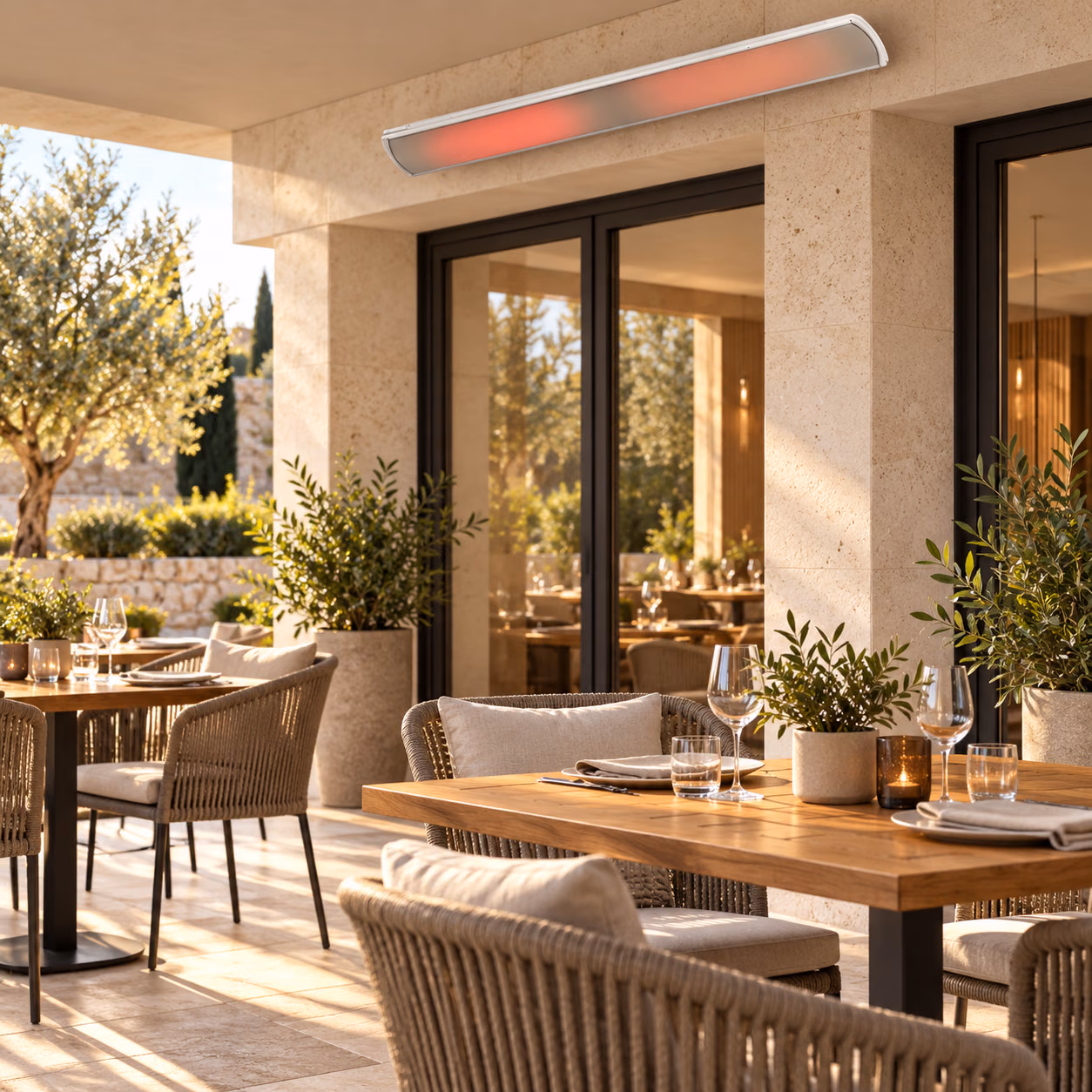 Weißer HEATSCOPE Heizstrahler an der Wand einer modernen Restaurantterrasse.